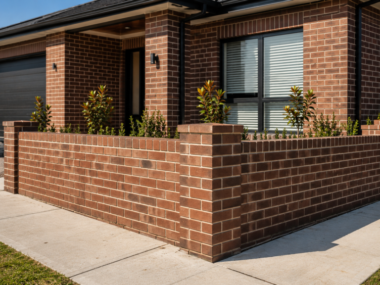 Completed residential brick fencing and boundary wall with clean lines, precision bricklaying, and a durable finish.