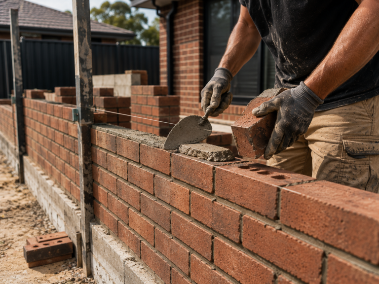 Construction underway with careful brick placement, accurate levels, and quality workmanship at every stage.